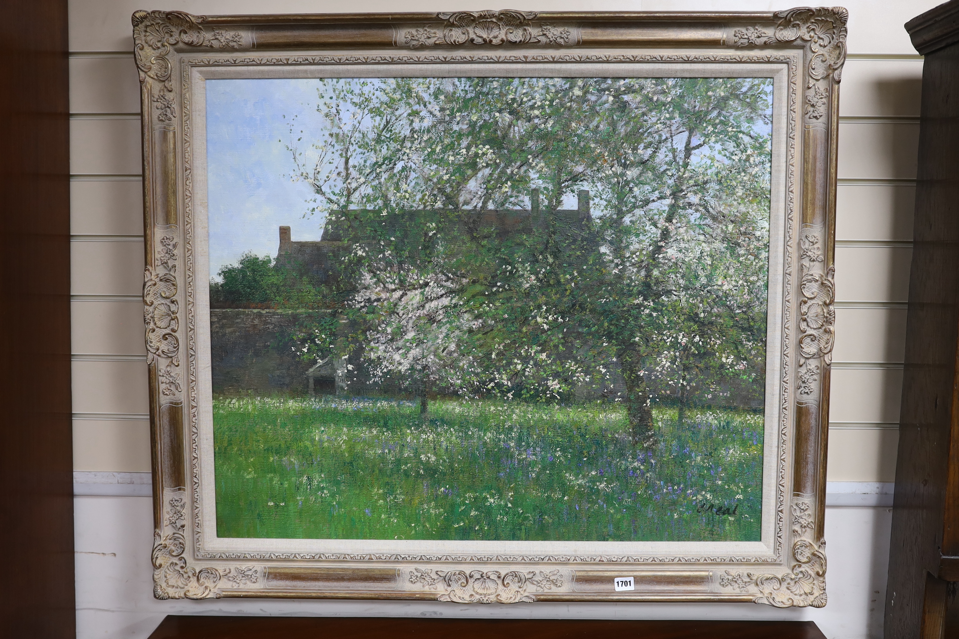 Charles Neal (b.1951), oil on canvas, 'Apple orchard, South Cerney, May', oil on canvas, signed, label verso, 76 x 91.5cm